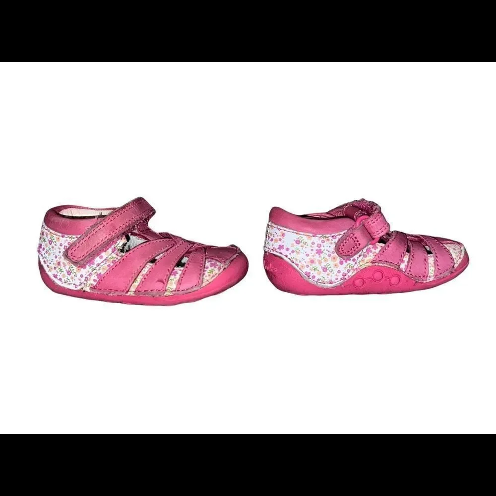 Clarks First Shoes Pink White Floral Leather Strappy Sandals Baby Girl 2.5 GUC